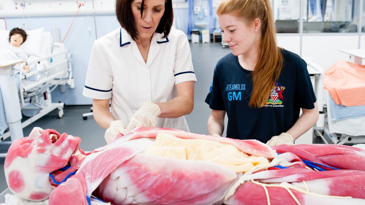 Physiotherapy lecturer and student looking at model of human body