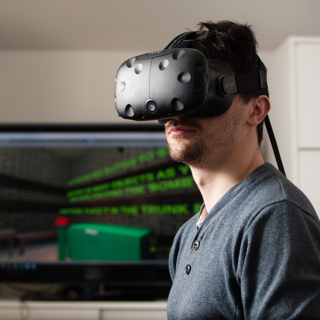 Student on Computer Games Design course using virtual reality headset at Park campus