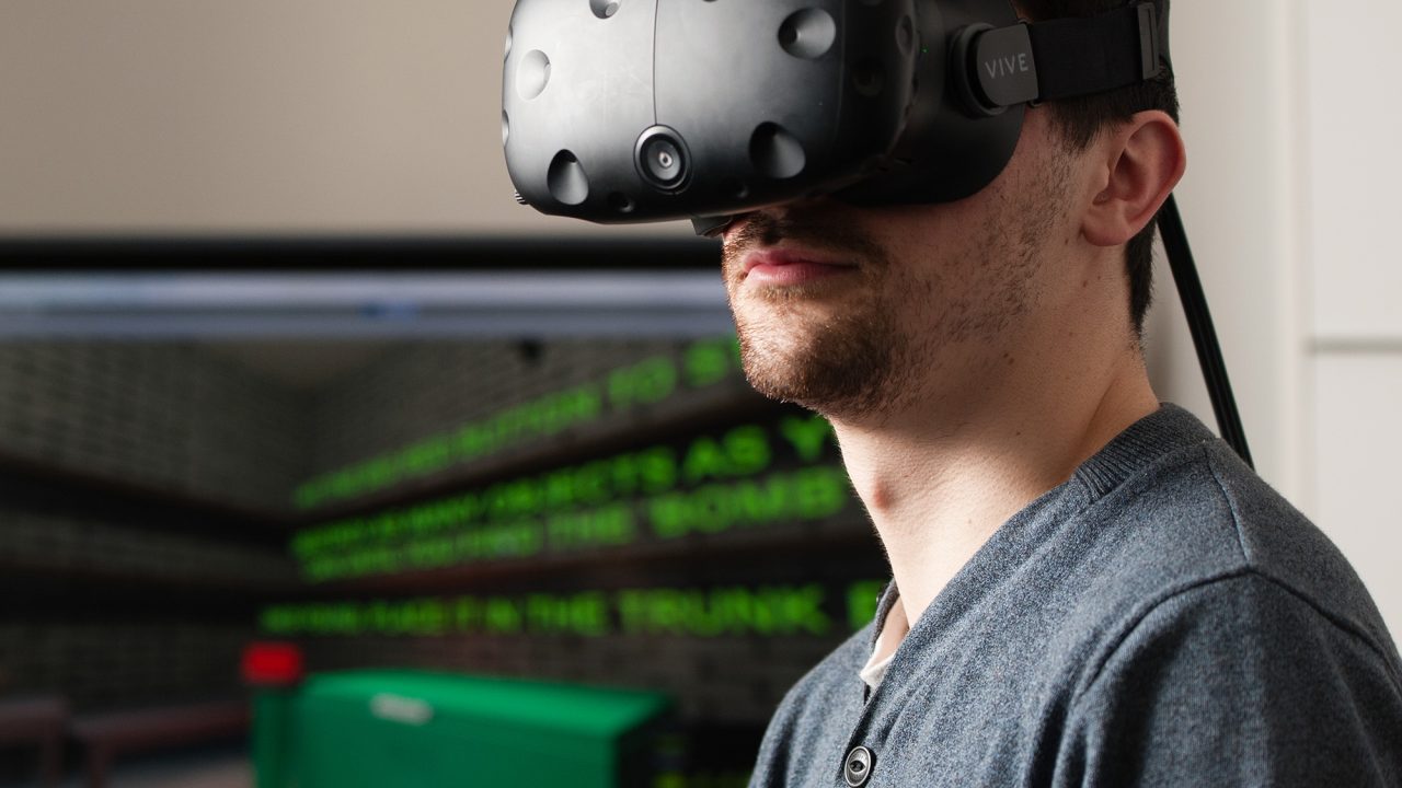 Student on Computer Games Design course using virtual reality headset at Park campus