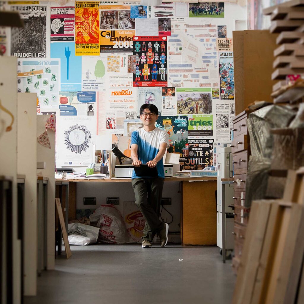 Fumio in the illustration studio at Hardwick
