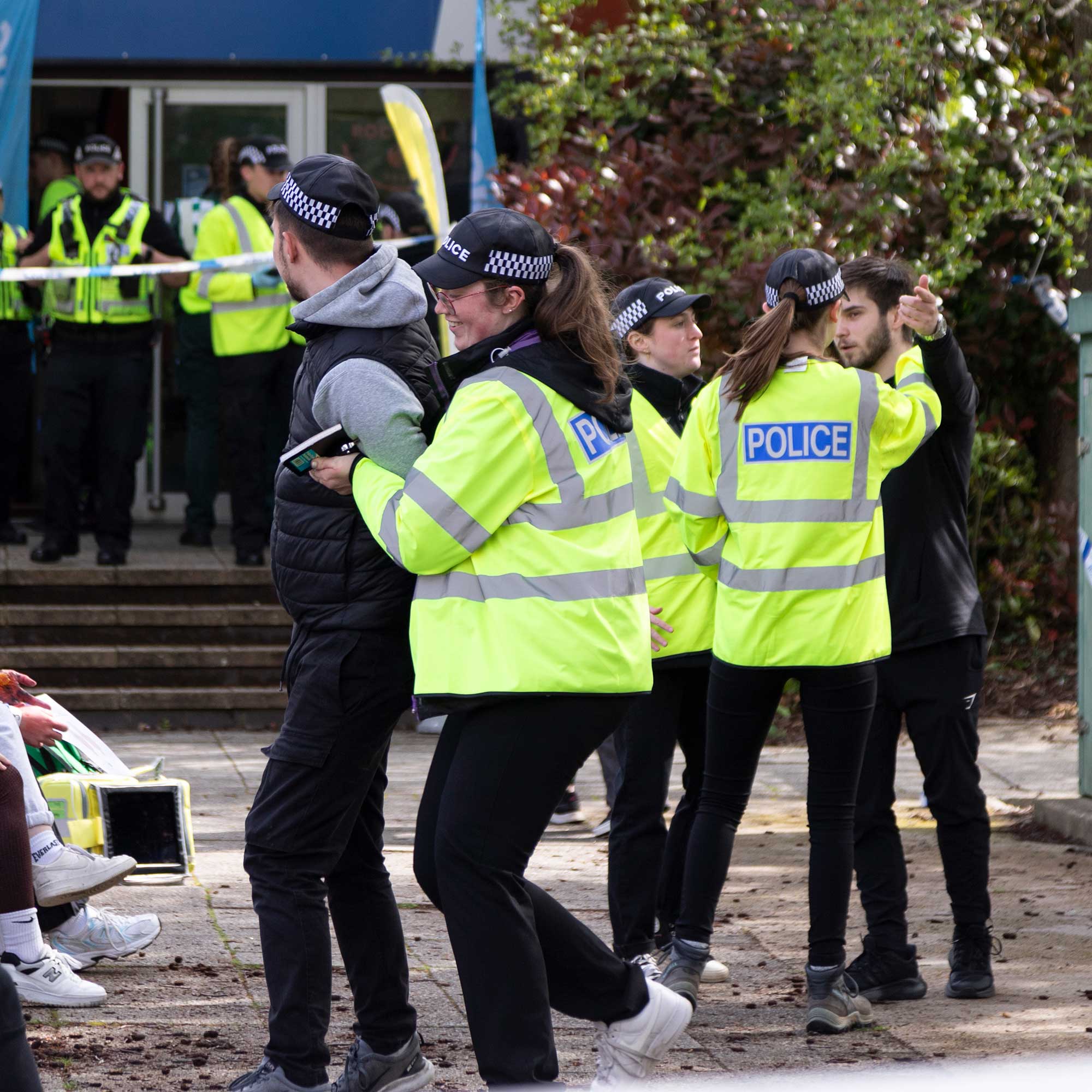 Policing students deal with 'members of the public' at the University's simulated major emergency.