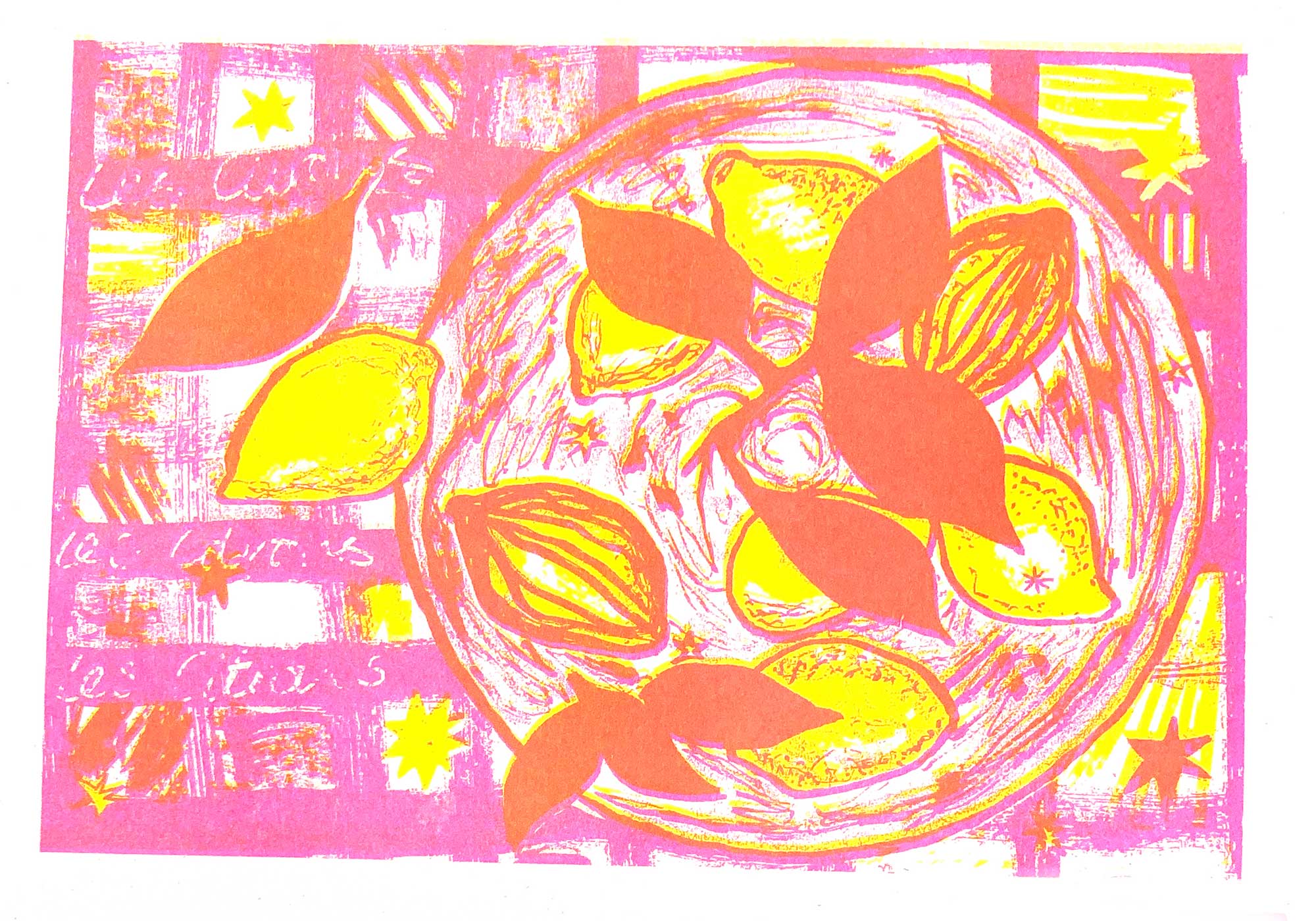 Risograph print of citrus fruits, from Pittville Press sold out 2023 calendar by alum Gee Mullins.