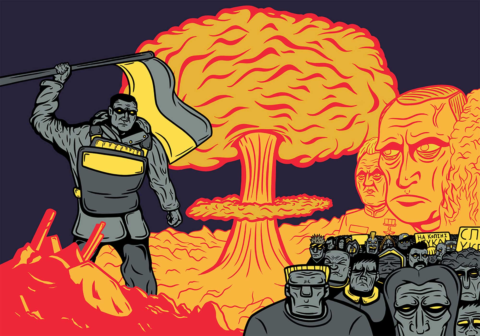 Illustration showing President of Ukraine Volodymyr Zelenskyy, leading his people during the conflict with Russia by alum Peter Elliott.