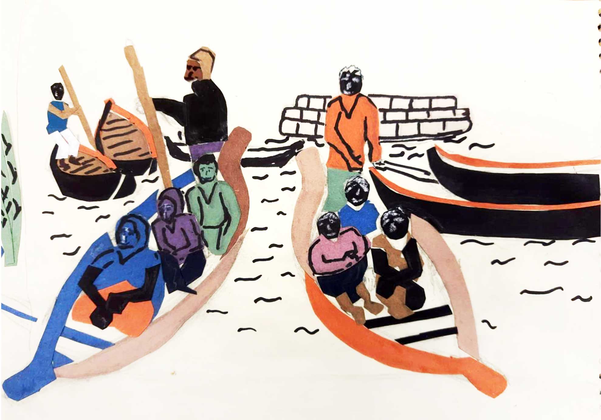 Illustration showing people in boats.