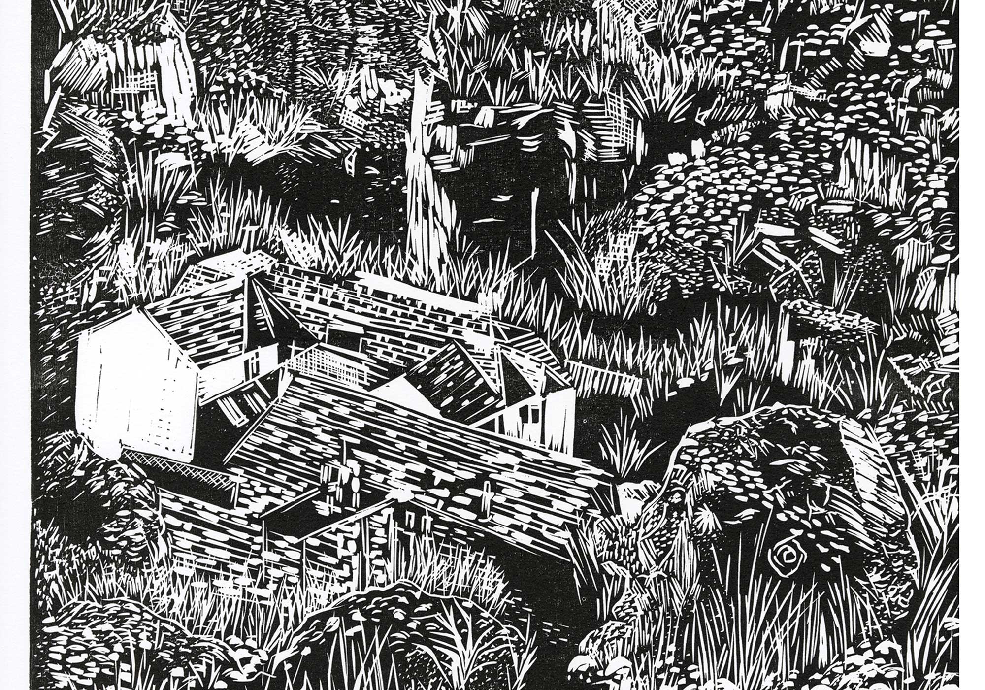 Black and white lino cut print.