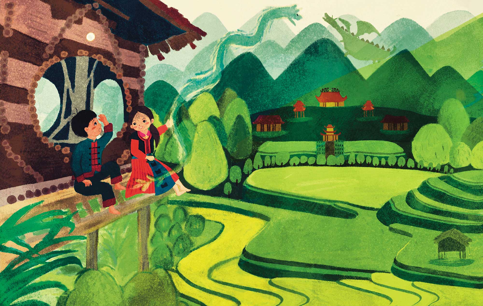 An illustrated drawing of two children sat overlooking a lush green landscape.