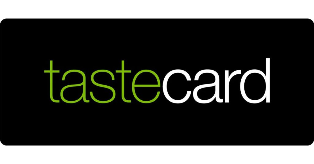 tastecard logo showing taste in green and card in white text on a black background.