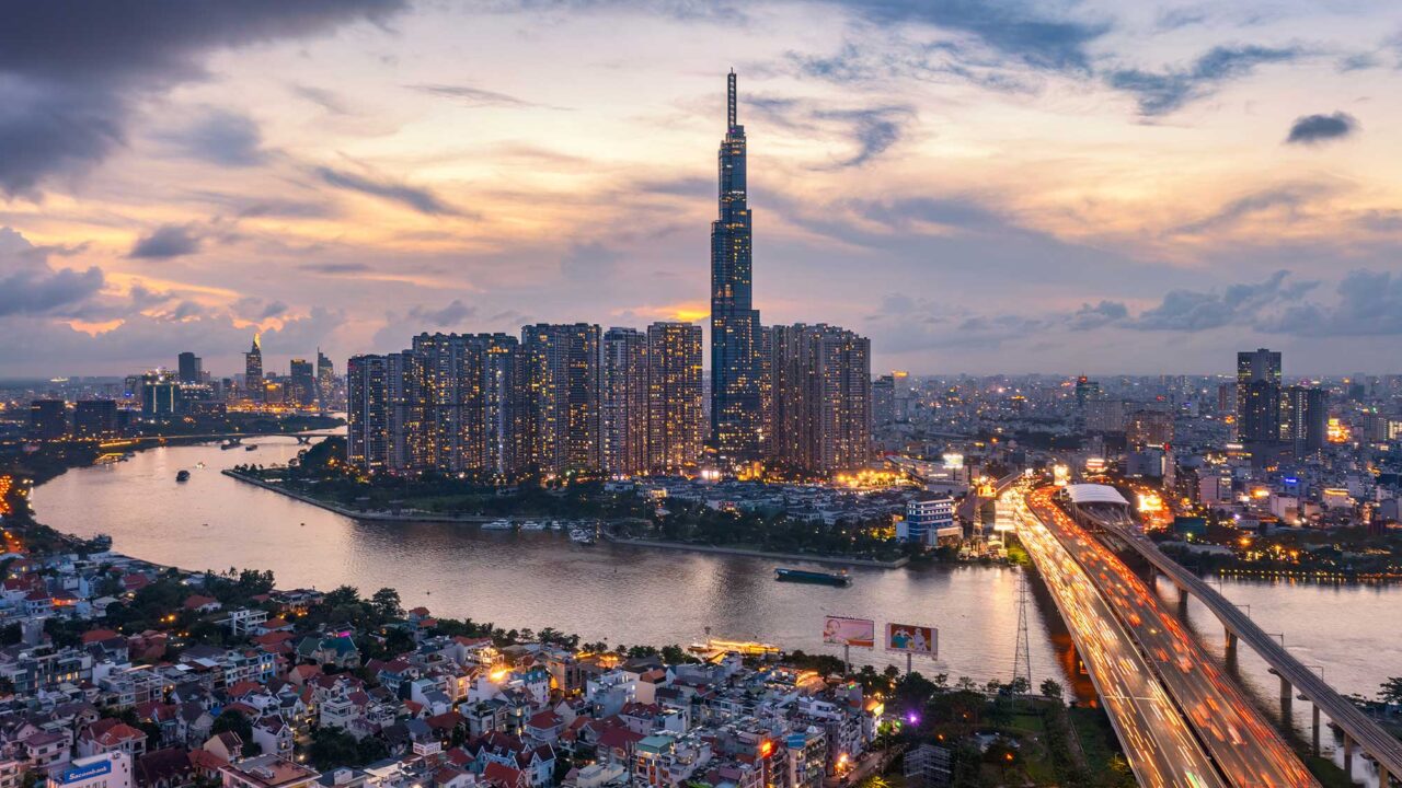 A cityscape view of Ho Chi Minh City showing high rise buildings.