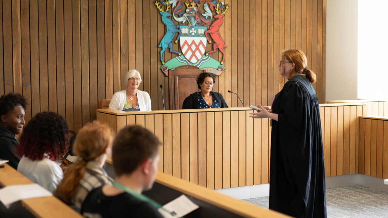 Students in the mock courtroom during a law taster session.