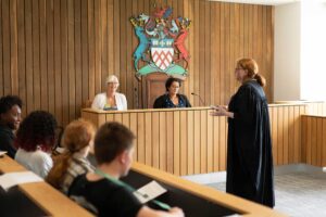 Students in the mock courtroom during a law taster session.