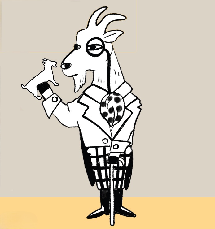 An illustration of a goat wearing a suit looking at a goat-shaped postcard through his monocle.