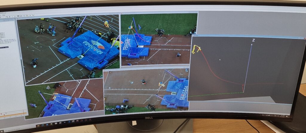 Computer screen with different shots of a pole vault set up and a graphic tracking the movement of the pole vaulter.
