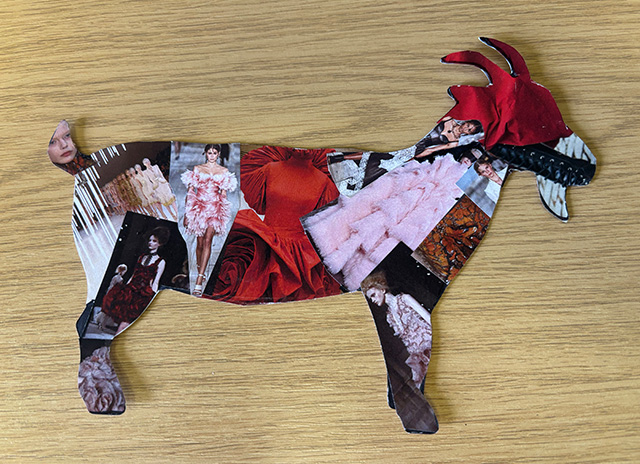 A goat postcard decorated with magazine cuttings in a collage.