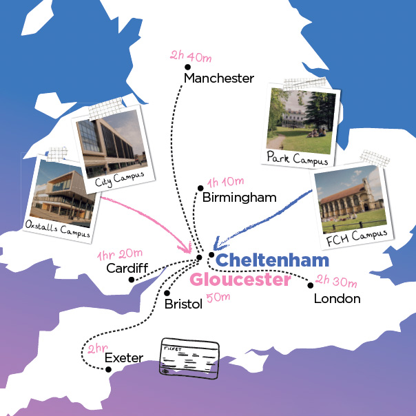 Map of the UK showing the location of Cheltenham, Gloucester in relation to other UK cities.