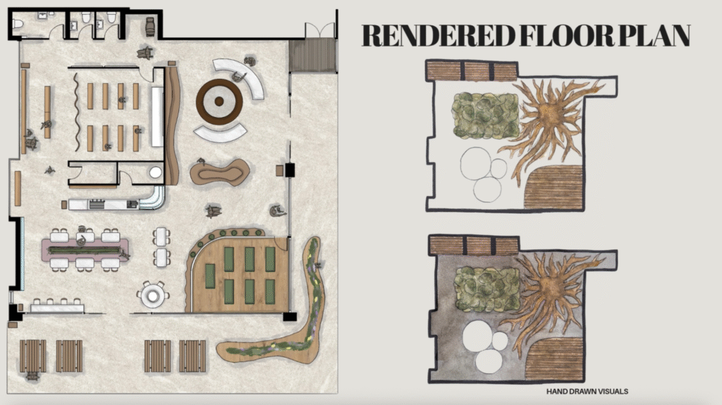 Floorplan drawings of a forest hub including a cafe, welcome desk with hollowed out tree trunk and classroom.