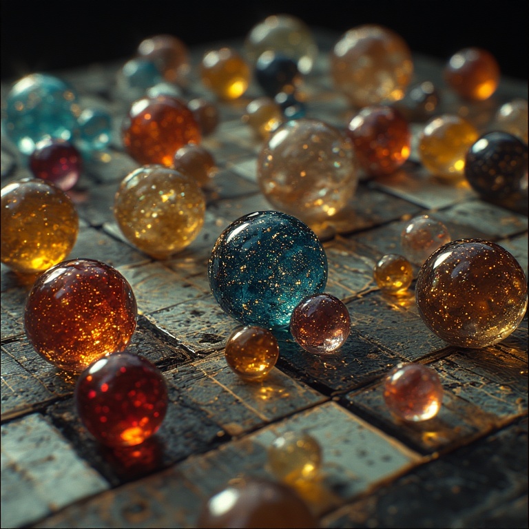 Glass balls of varying sizes and colours laid out on a surface.