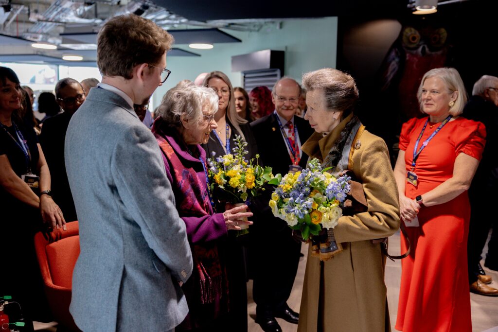 HRH The Princess Royal meeting Edna Lee a former employee of Debenhams and Bon Marche at the official opening of University of Gloucestershire's City Campus