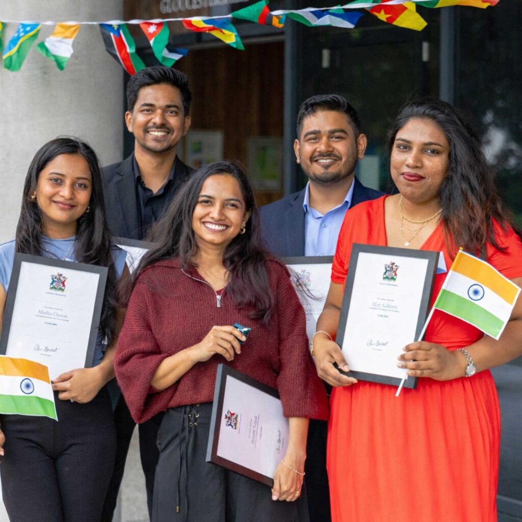 A group of international students smiling and holding flags and certificates.