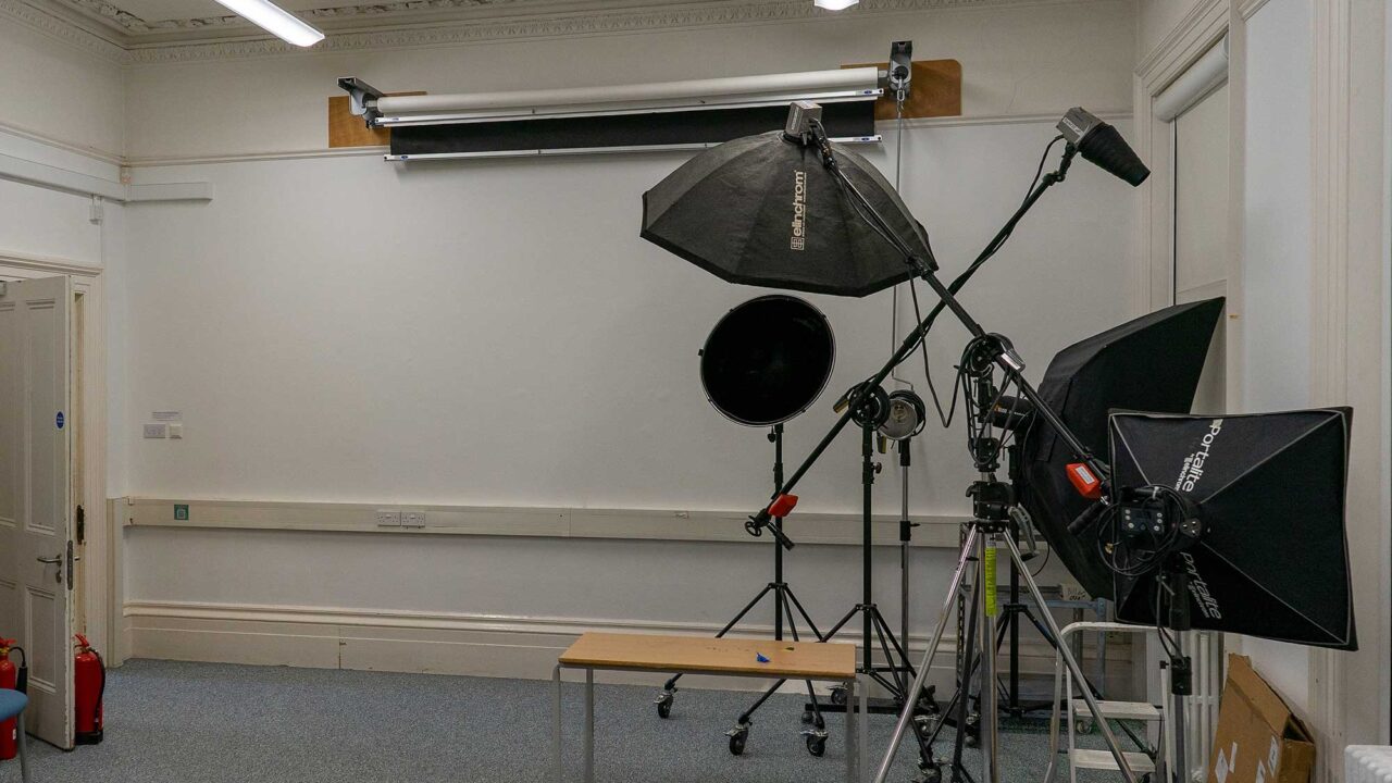 Photographic studio lights and equipment.