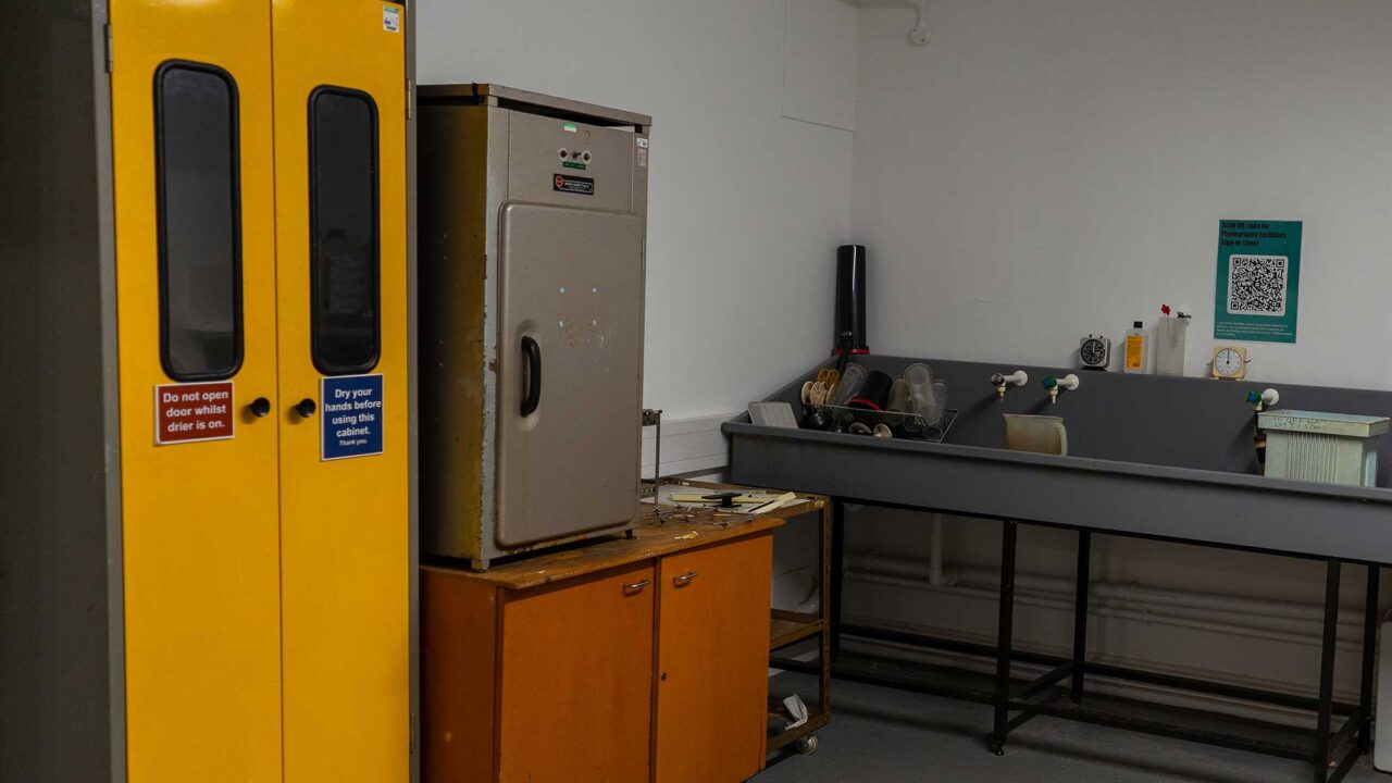 The inside of a photographic darkroom.