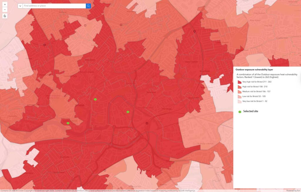 A map showing areas which show the risk areas for outdoor exposure heat vulnerability.