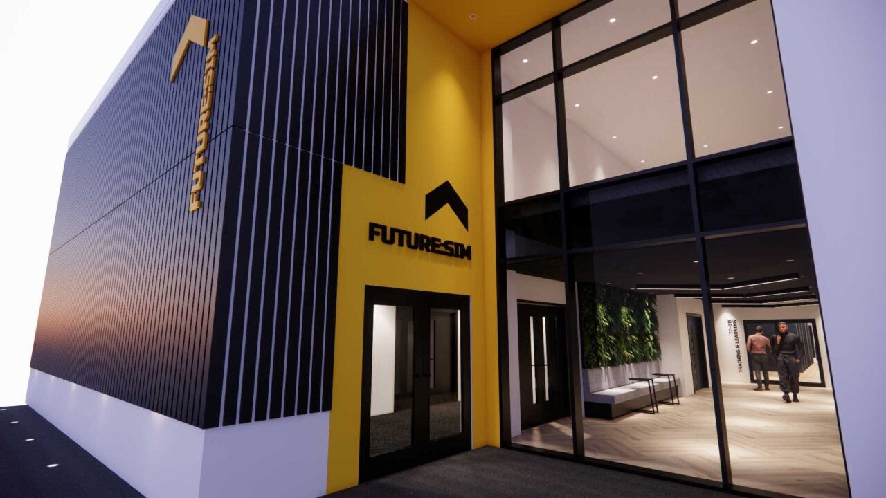 An CGI visual of the exterior of FutureSIM showing the entrance and sign.