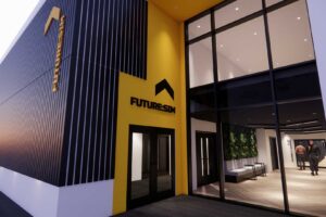 An CGI visual of the exterior of FutureSIM showing the entrance and sign.