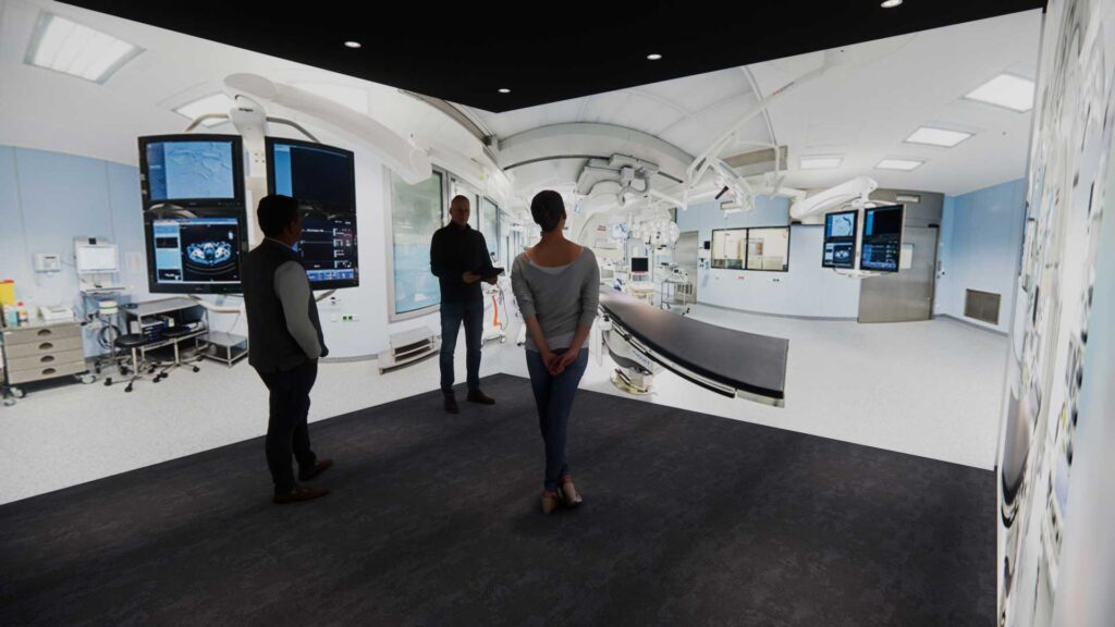 An CGI visual of the interior of FutureSIM showing an immersive 3D room.