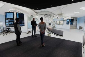 An CGI visual of the interior of FutureSIM showing an immersive 3D room.