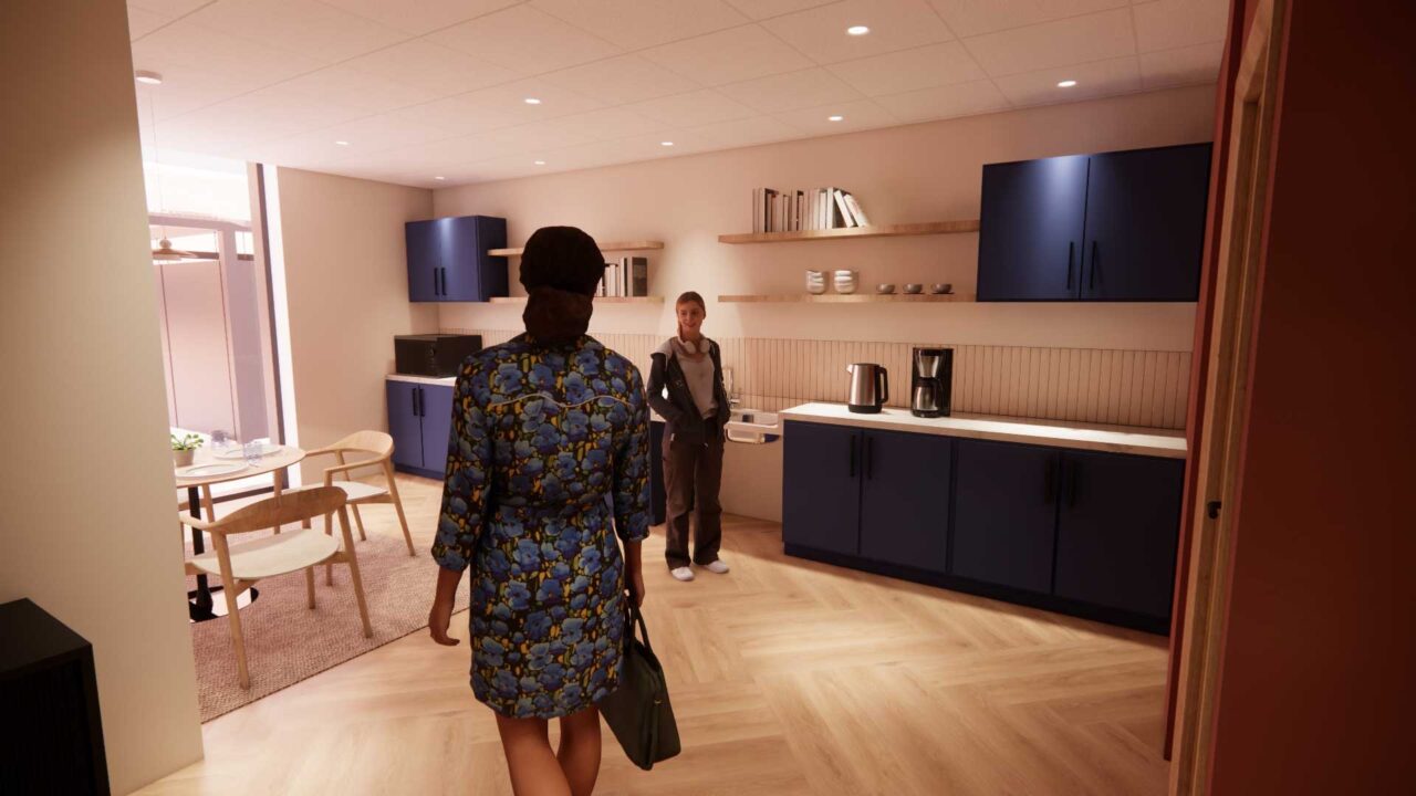 An CGI visual of the interior of FutureSIM showing a kitchen area.
