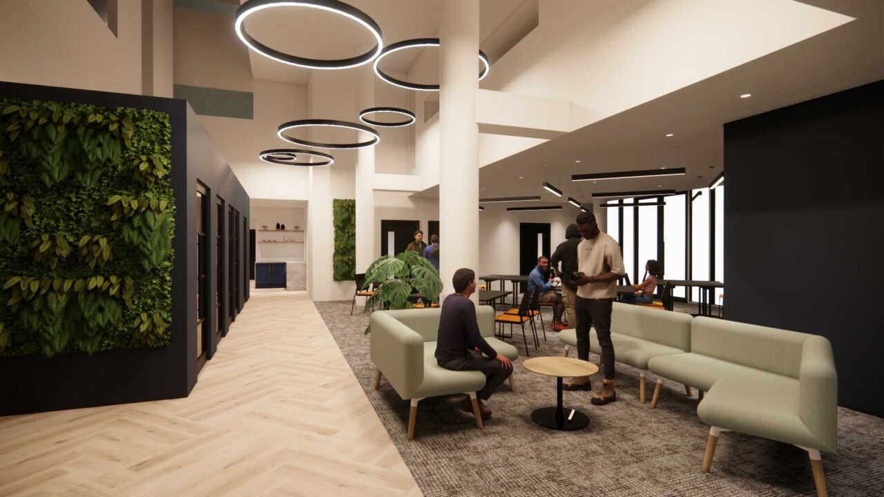 An CGI visual of the interior of FutureSIM showing a seating area and breakout spaces.