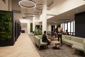 An CGI visual of the interior of FutureSIM showing a seating area and breakout spaces.