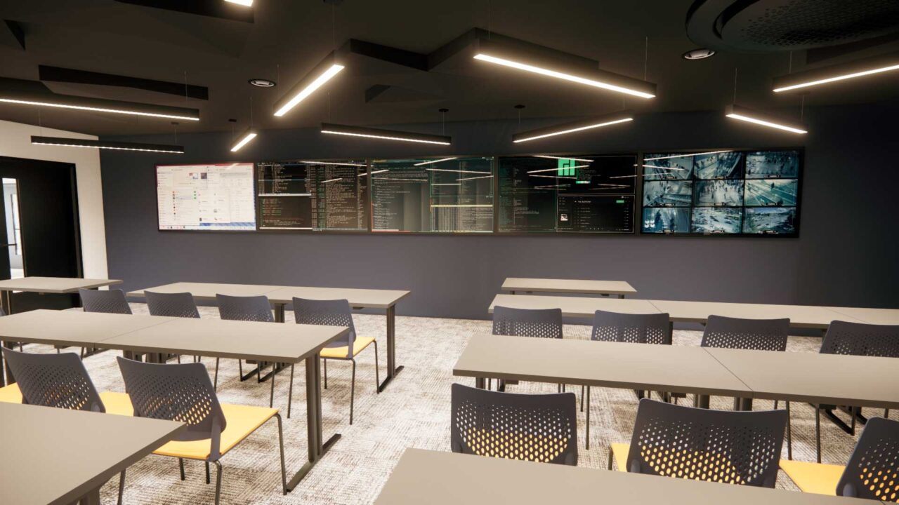 An CGI visual of the interior of FutureSIM showing a classroom with flat screens at the front.