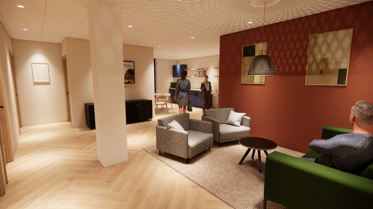 An CGI visual of the interior of FutureSIM showing a seating area and kitchen.