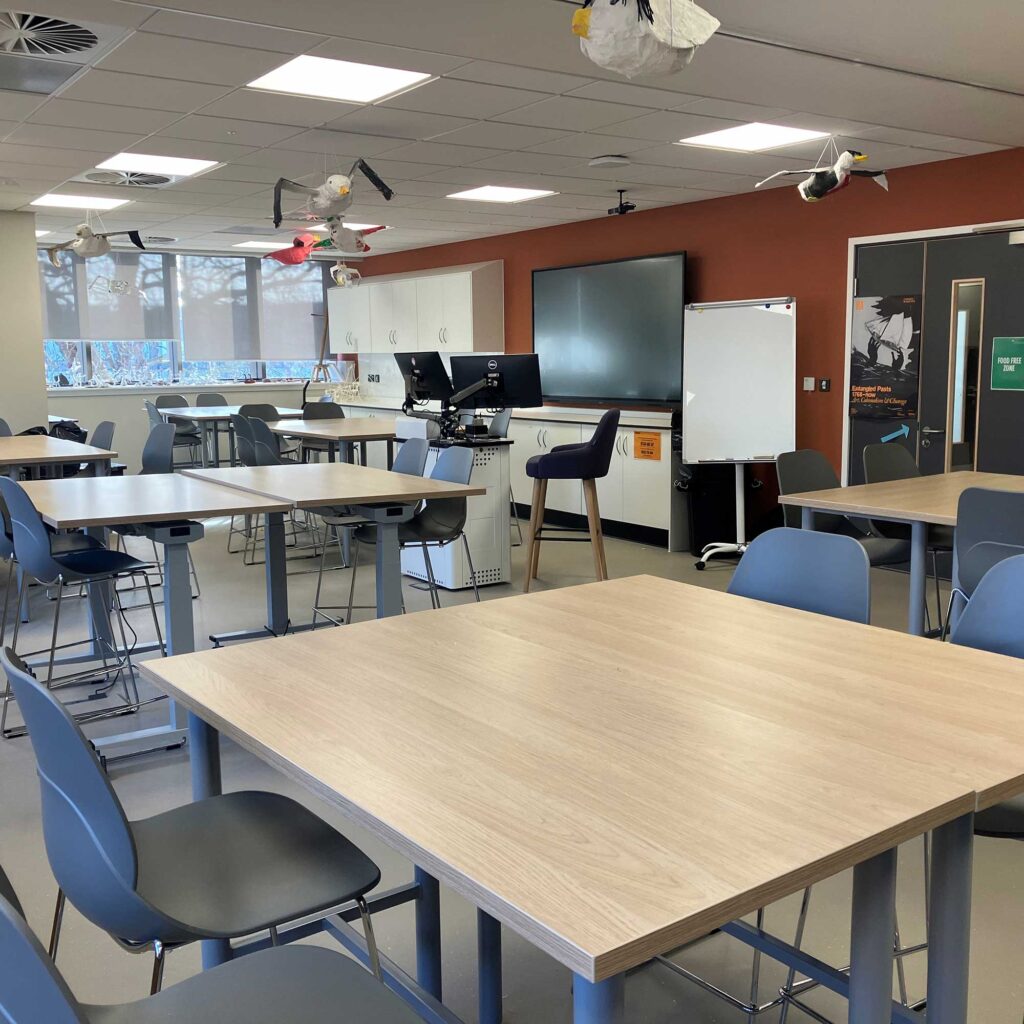 Interior of the art studio showing desks and model seagulls hanging from the ceiling.