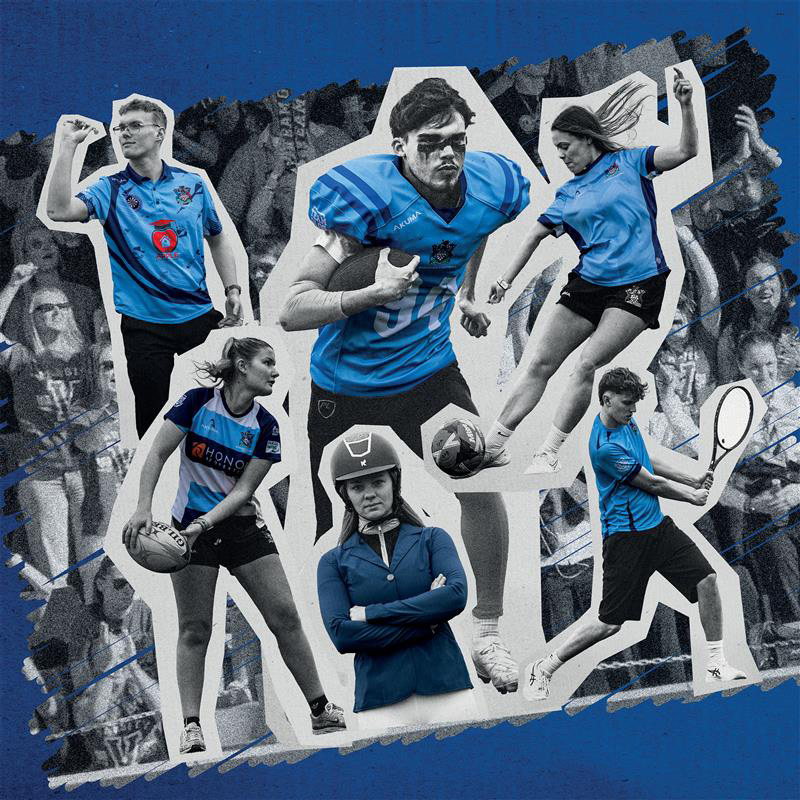 Collage of Sports players at Varsity with black and white imagery mainly and blue accents of the sports clothing.