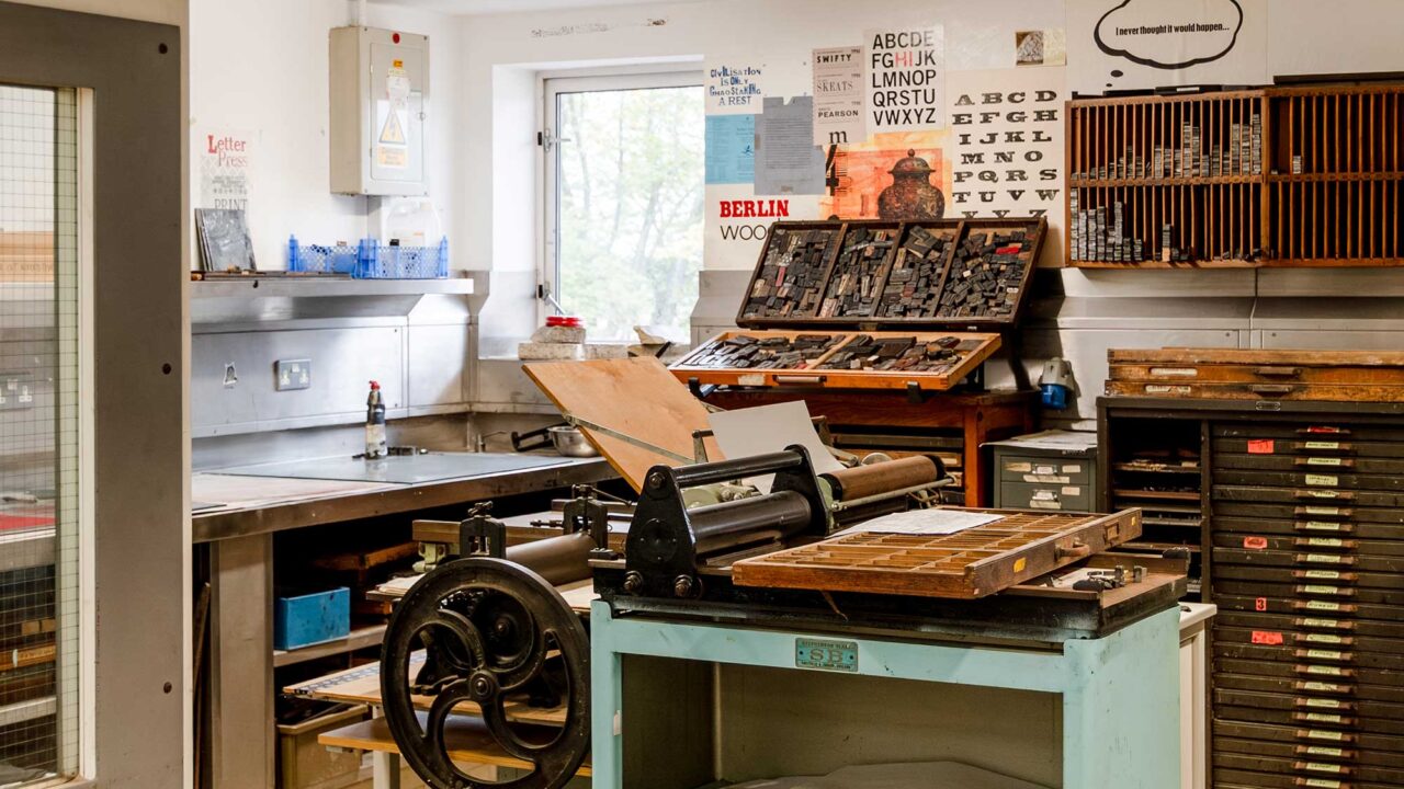 The print room showing various printing equipment.
