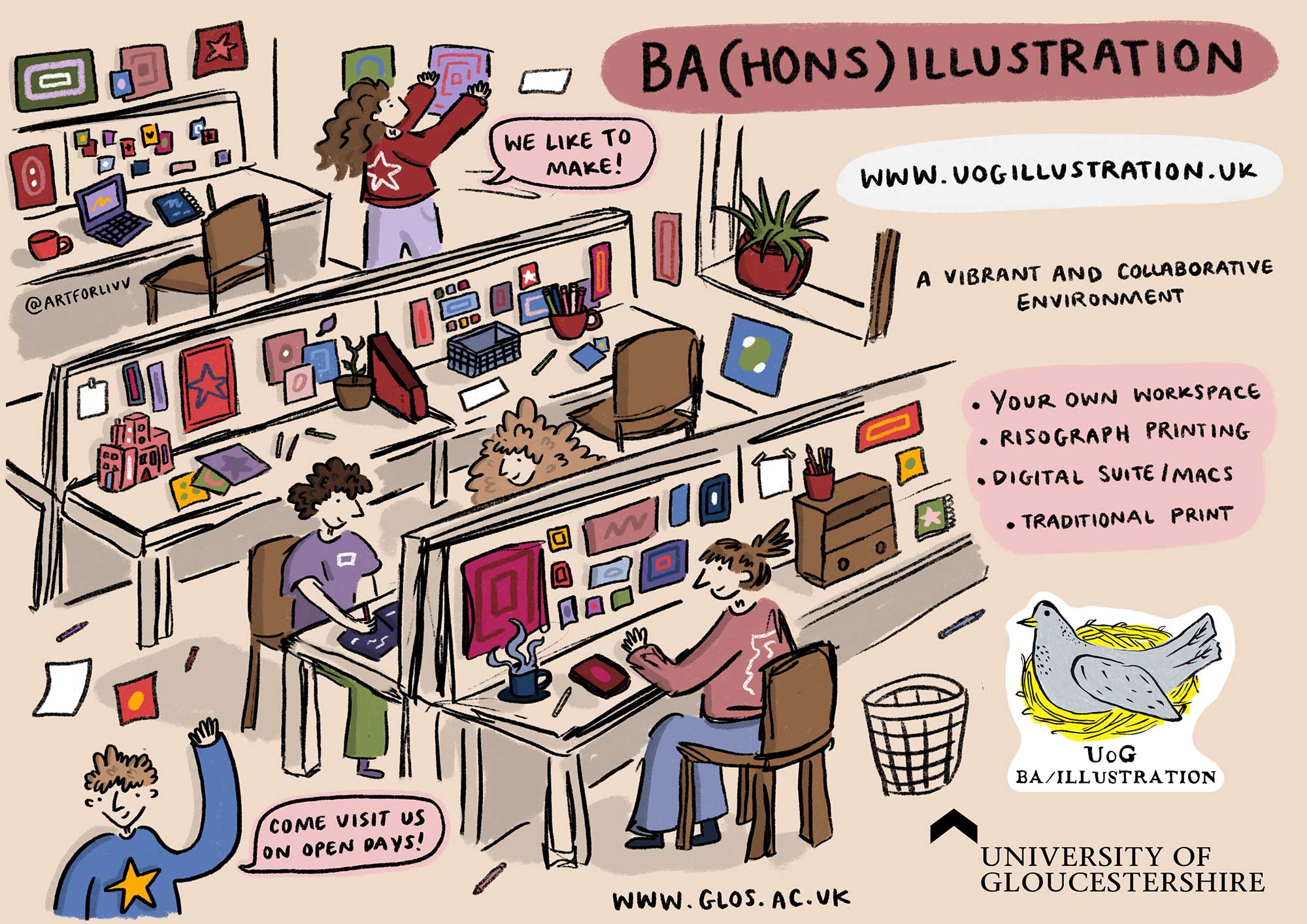 An illustrated poster for BA (Hons) Illustration showing the studio with students.
