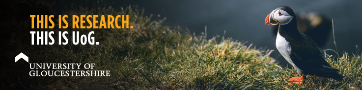 Banner with the words "this is research, this is UoG" and the university logo with a puffin on grass.