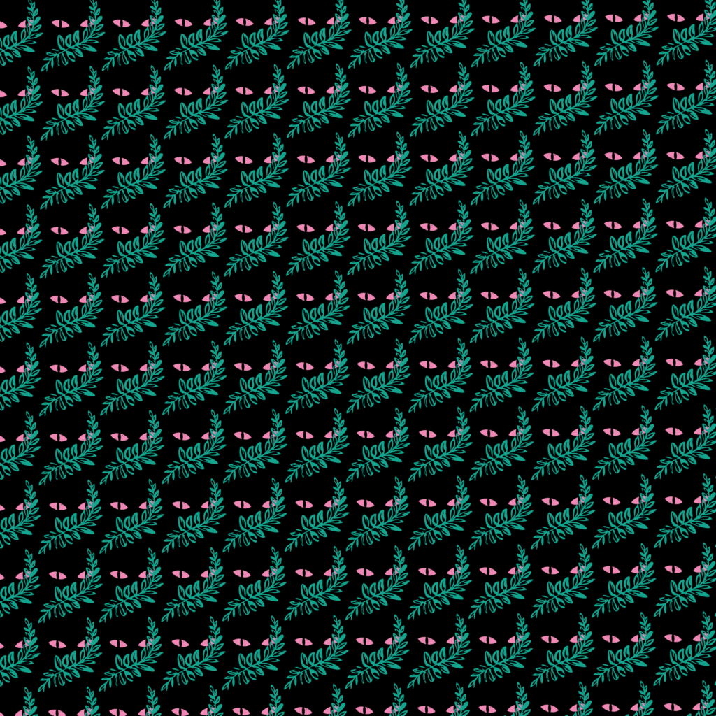 A pattern with pink eyes looking through greenery repeated on a black background.