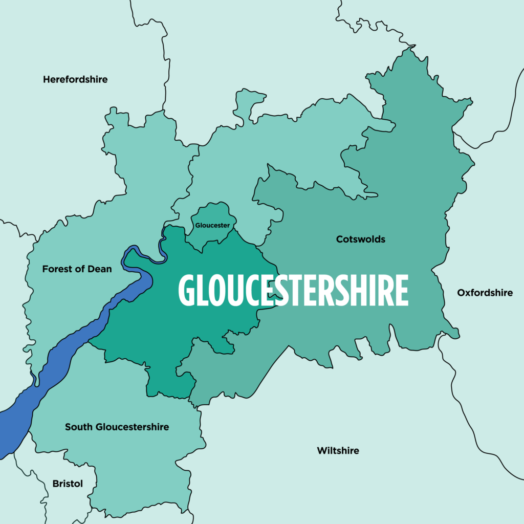 Map of Gloucestershire and local counties coloured in different green shades