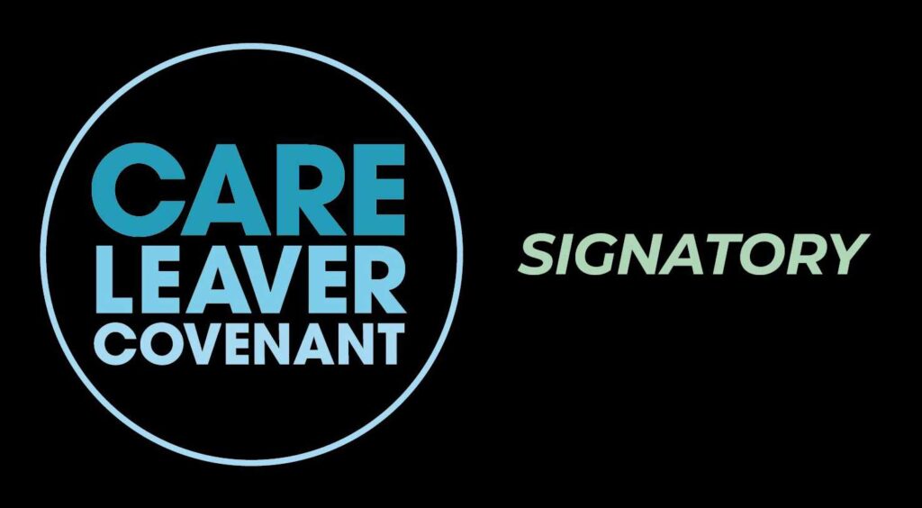 Care Leavers Covenant logo with blue text on black background
