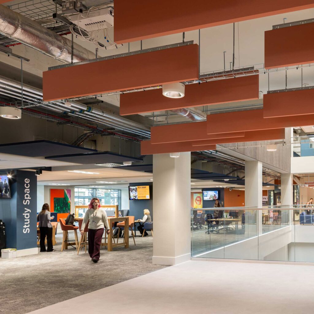 Interior of City Campus showing study space and students