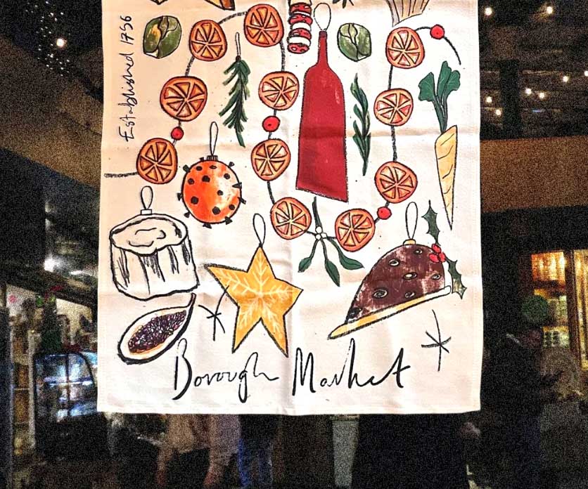 An illustration of Christmas food and drink items and the wording Borough Market.