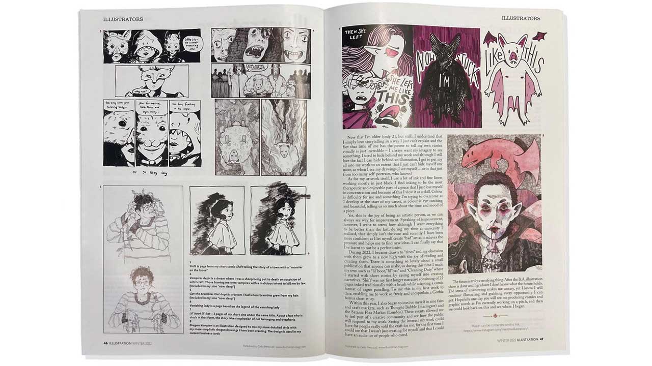 An illustration magazine with pages open showing text and illustrations.