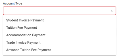 Screenshot of account types on the Bill Pay screen