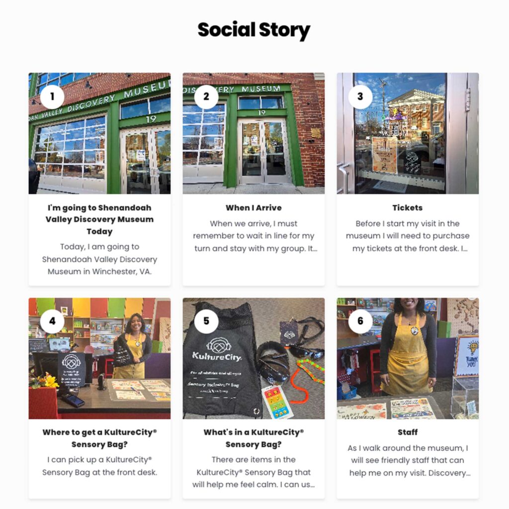 A social story with six images and related text describing what is happening in each step of the story.