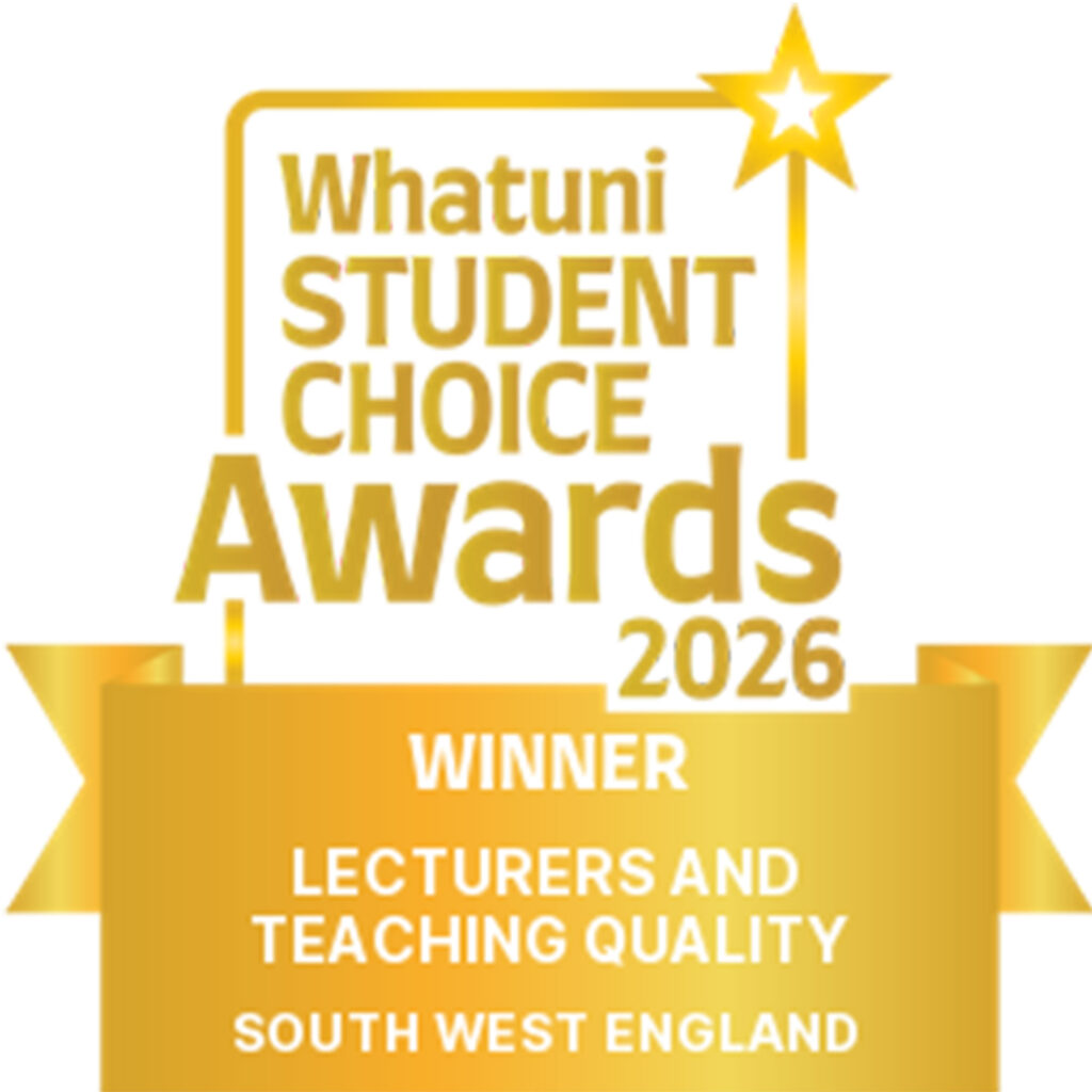 A gold and white winner logo for the What Uni Student Choice Awards 2026, Lecturers and Teaching Quality in the South West