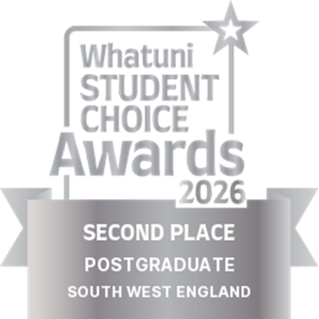 A silver and white second place logo for the What Uni Student Choice Awards 2026, Postgraduate in the South West