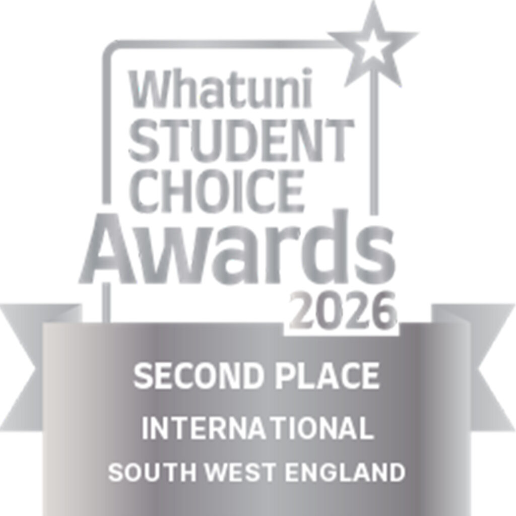 A silver and white second place logo for the What Uni Student Choice Awards 2026, International in the South West